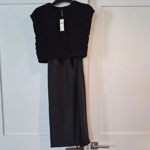 Anthropologie Black Midi Dress with Cable-Knit Overlay
